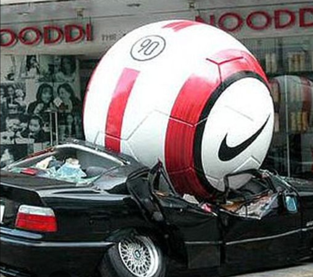 Giant Nike Ball Smashes Ashburton Convertible in Fashion Fail